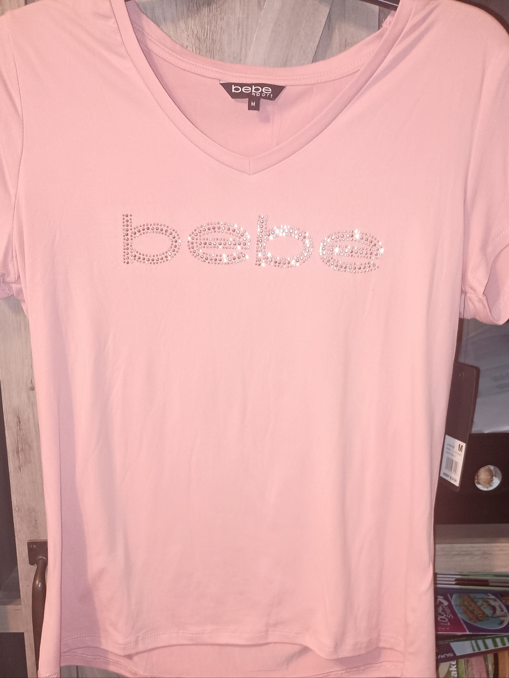 Bebe Sport Light Pink Rhinestone Logo V-Neck Tee